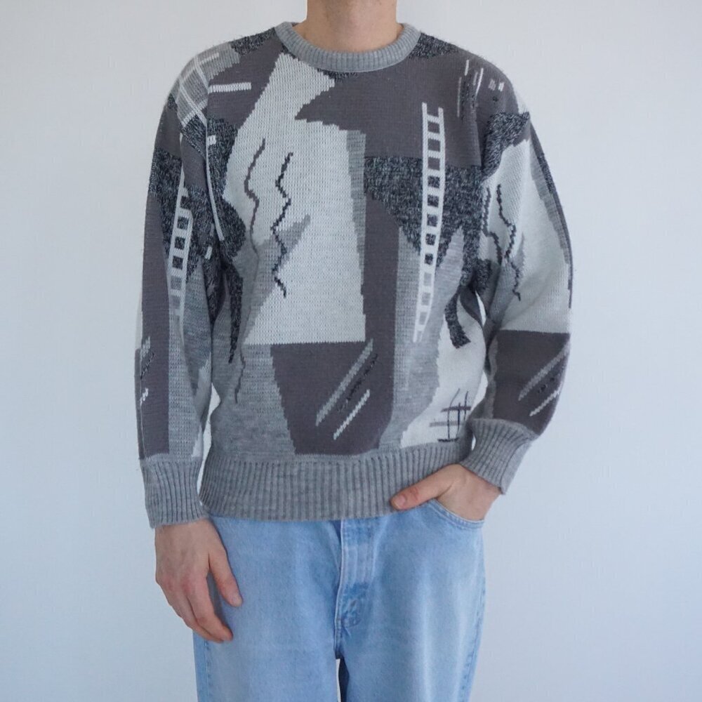 VTG Club Europe Grey Abstract Geometric Intarsia Heritage Textured Crewneck M
